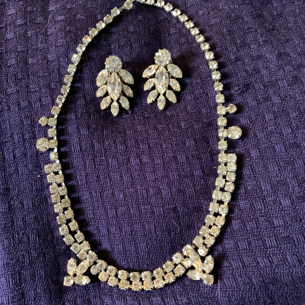 Vintage Kramer Rhinestone Necklace with Matching Clip-On Earrings
